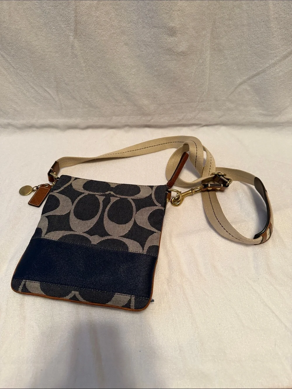 Coach Brown and Tan Signature Crossbody with Cream Strap & Denim Accents